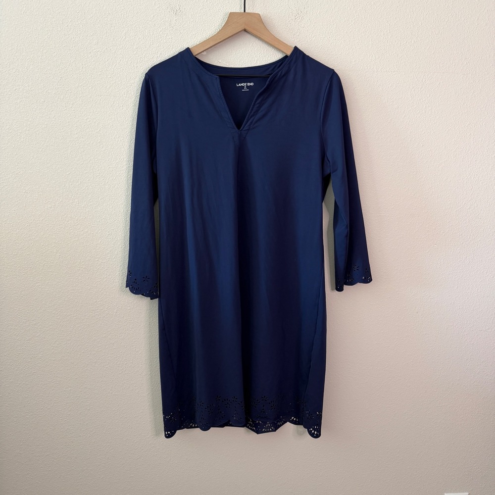 LANDS END Womens Eyelet Hem Swim Cover Up Dress Size Medium 10-12 Coastal Preppy